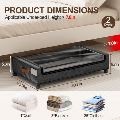 LAMU Under Bed Storage with Wheels, 2 Pack Under Bed Storage Containers with Clear Lid, XXL 60 L Underbed Storage Bins, Rolling Under Bed Metal Drawers for Clothes, Blankets, Shoes, Black