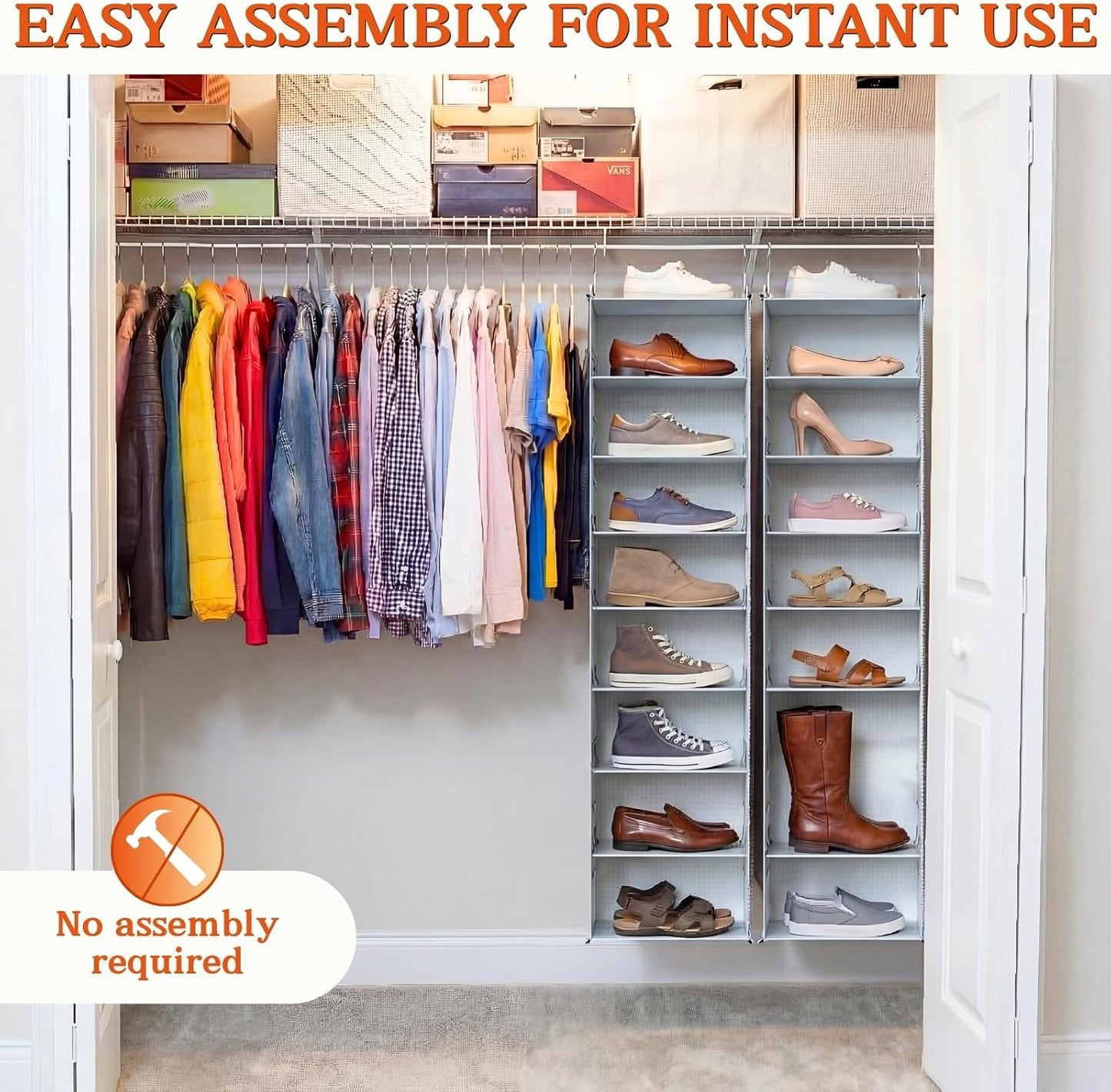 Hanging Shoe Organizer for Closet, 8 Tier Extra Wide Closet Shoe Organizer | Adjustable Shelf Height for Boots and Shoes, Heavy Duty Hanging Shoe Rack for Closet Rod, Space-Saving Shoe Storage Organizer