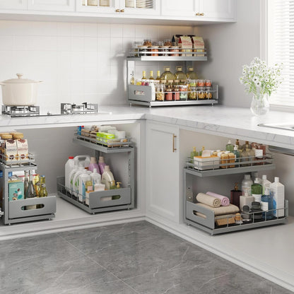 Under Sink Organizer Upgrade To Professional Rails,2-Tier Dual Pull Out Cabinet Storage,Height Adjustable Slide Out Drawers For Bathroom Kitchen,2 Pack-14.5" Dx12.8-16.9" H,White