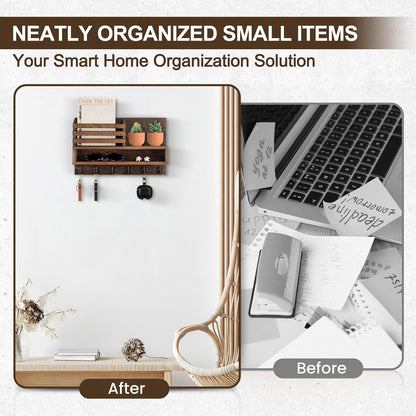 Key and Mail Holder Wall Mount, Key Hanger with Long Storage Box and 5 Hooks for Coat, Dog Leash, Home Decor Rack, House Accessories, Entry Way Organizer 11.8”W x 7.8”H x 3.2”D