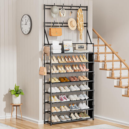 OYREL Shoe Rack, 5 Tier Shoes Storage Organizer, with Functional Hooks and Side Pocket, 20-25 Pairs, for Closet/Entrance/Entryway, Sneaker and Boot Stackable Free Standing Shoe Rack
