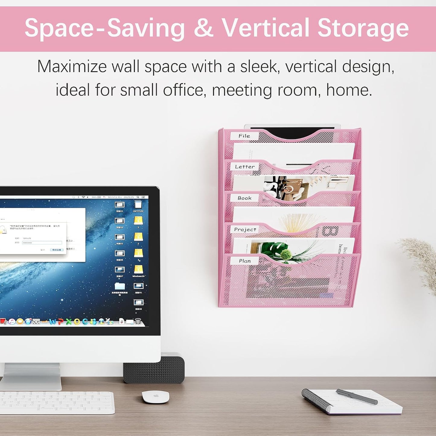 EasyPAG 5 Pocket Mesh Wall File Organizer with Key Hooks, Hanging Paper Folder Holder with Classify Label, Vertical Wall Mount Mail Organizer for Office Home Classroom, Black