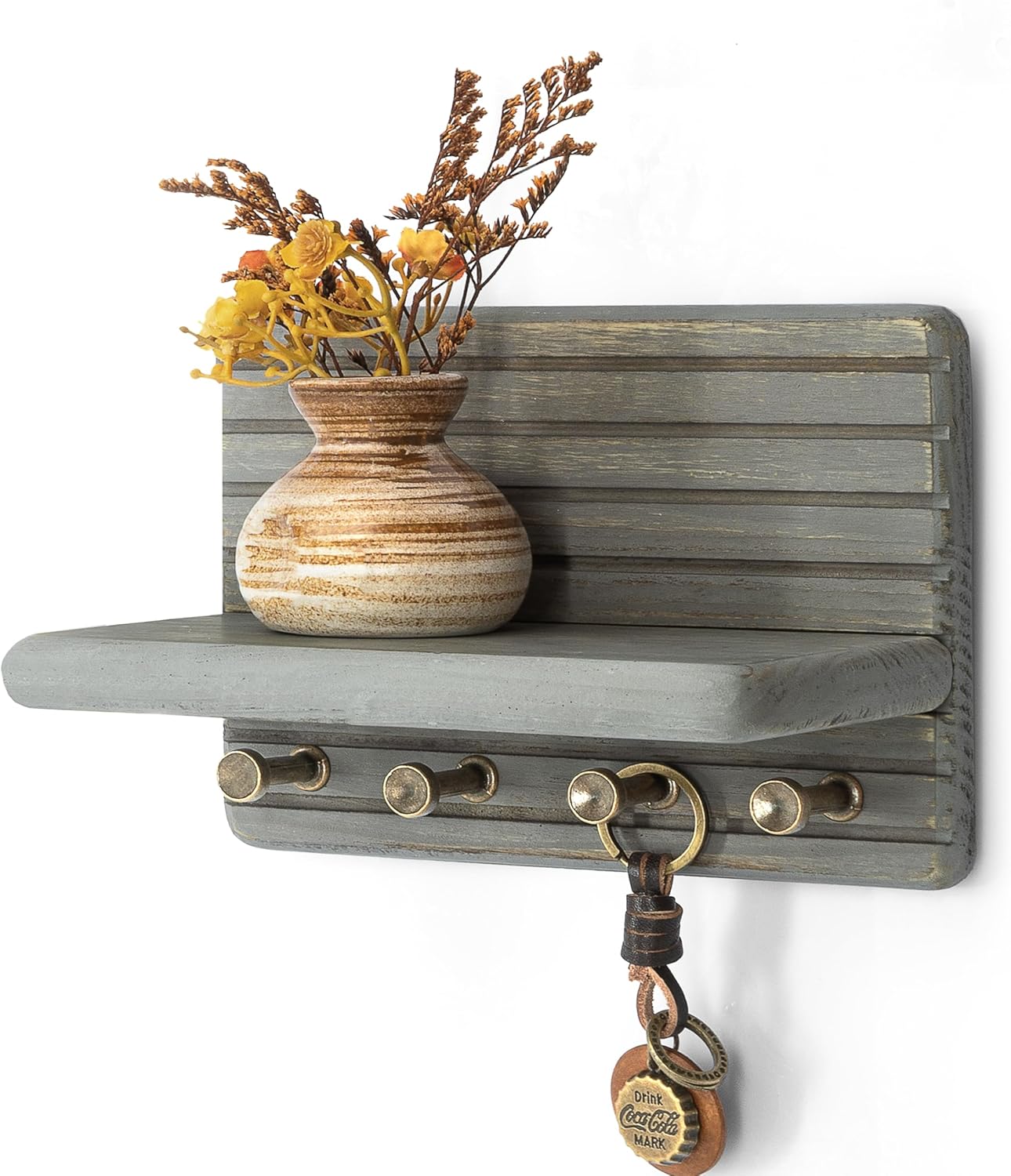 Rebee Vision Farmhouse Key Holder Wall Mount for Home Decor – Decorative Pine Wooden Key Holder for Wall with 6 Hooks & Floating Shelf - Rustic Charm for Room Decor Aesthetic (Brown)