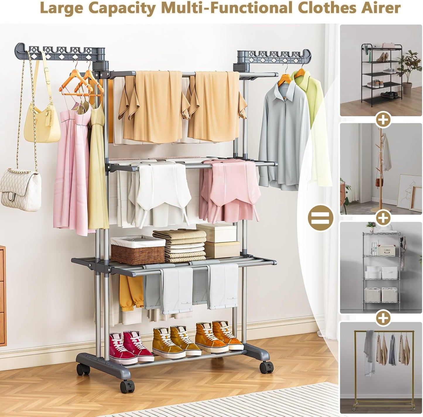 PurKeep 𝐔𝐩𝐠𝐫𝐚𝐝𝐞 Clothes Drying Rack with Wheels, 4 Tier Folding Drying Rack, Heavy Duty Laundry Drying Rack with Expandable Side Wings, Indoor Outdoor Clothes Air Drying Rack for Large Family