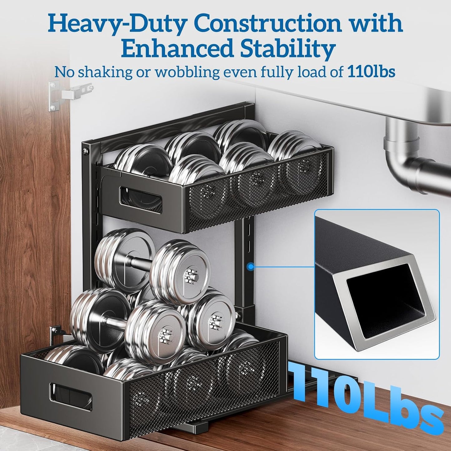 Petiza Under Sink Organizer Pull Out Cabinet Organizer Adjustable Height 2 Tier with Sliding Drawers Kitchen Bathroom Organizer and Storage(1pc)
