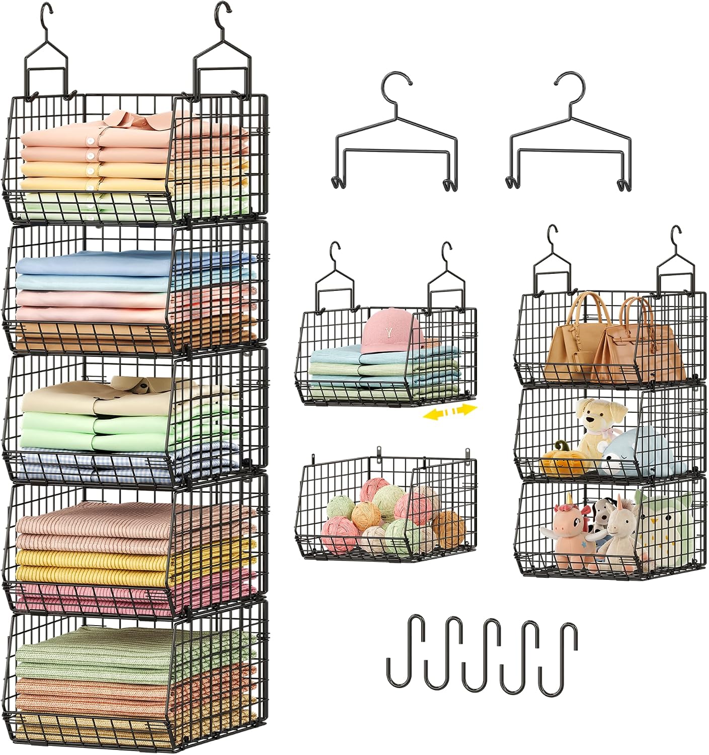 8-Tier Extended Depth Hanging Closet Organizers and Storage for Closet System, Stackable Closet Shelves with 4 Adjustable Dividers for Clothes Sweaters Purses, Wire Hanging Basket Fits Closet Laundry