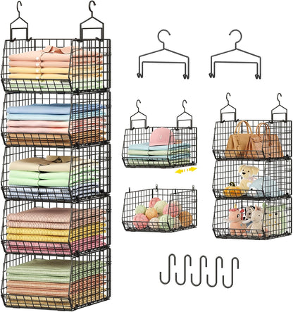 8-Tier Extended Depth Hanging Closet Organizers and Storage for Closet System, Stackable Closet Shelves with 4 Adjustable Dividers for Clothes Sweaters Purses, Wire Hanging Basket Fits Closet Laundry