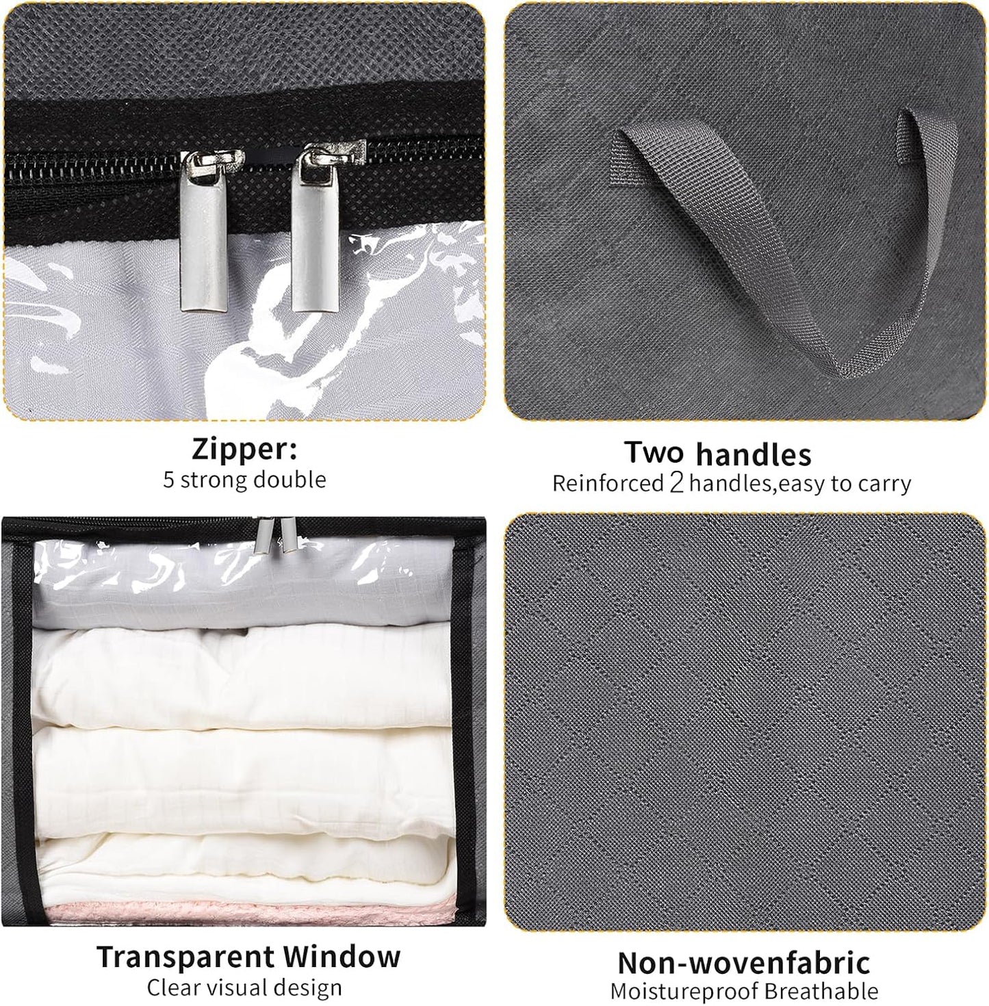 3 Pack Storage Bags, 45L Foldable Clothes Storage Bins with Lids, Closet Organizers Blanket Storage Bags with Zippers Clear Window Sturdy Handles for Clothing Bedding Comforter Sweater Pillows (Gray)