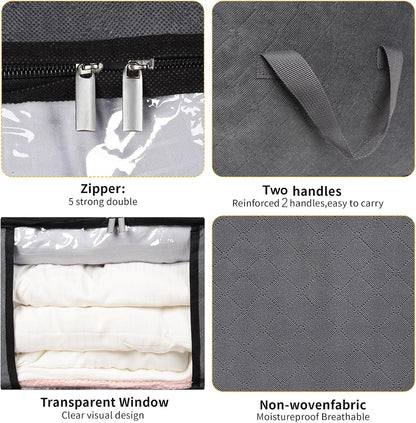 3 Pack Storage Bags, 45L Foldable Clothes Storage Bins with Lids, Closet Organizers Blanket Storage Bags with Zippers Clear Window Sturdy Handles for Clothing Bedding Comforter Sweater Pillows (Gray)