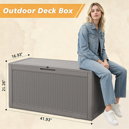 Fancyango 75 Gallon Outdoor Deck Box Waterproof, Large Storage Box for Patio, Resin Storage Bench Lockable for Garden Tools, Package Delivery, Black