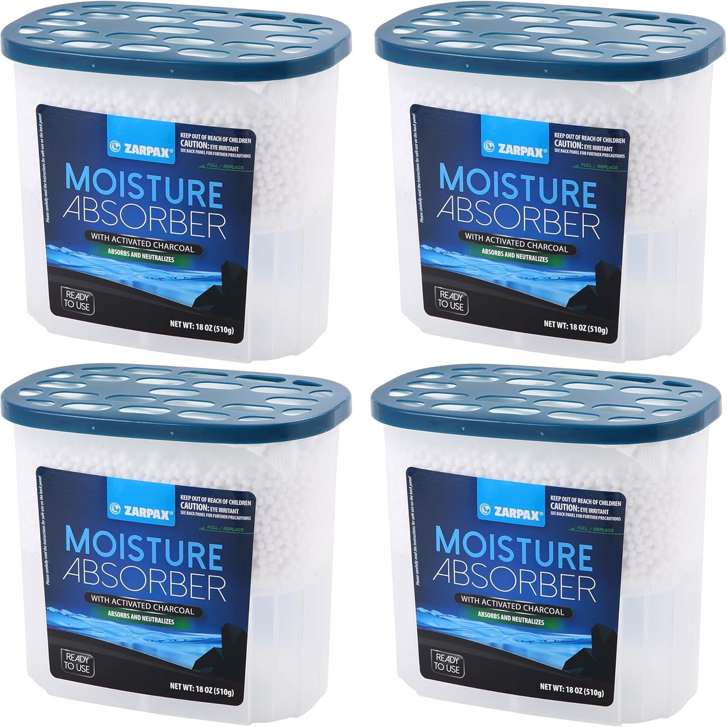 ZARPAX Moisture Absorber Activated Charcoal 10.5 oz/300g | Removes Moisture, Damp, Humidity & Odors | Odor Absorber | Moisture Trap for Bathroom, Closet, Kitchen & Small Spaces | Set of 4