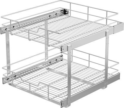 2 Tier Pull Out Cabinet Organizer 11" W X 22" D, Slide Out Drawers For Kitchen Cabinets, Pull Out Drawers For Cabinets Capacity Heavy Duty Caddy, Cabinet Pullout Shelves Chrome-Plated, Bathroom Pantry