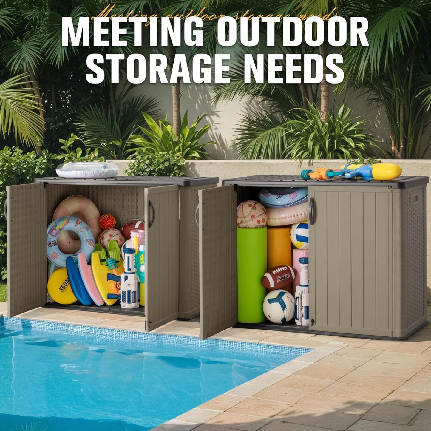 Greesum Outdoor Storage Cabinet, 26 CUFT Deck Box Without Shelves, Waterproof Plastic Storage Shed for Patio Cushions, Gardening Tools, Lockable and Sidehandles, UV Resistant, Beige