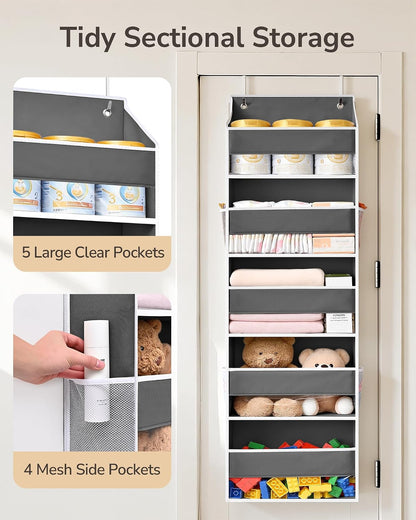 ULG 1 Pack Over Door Organizer with 5 Large Pockets 10 Mesh Side Pockets, Upgraded Linen Texture Over The Door Storage, 44 lbs Weight Capacity Hanging Storage Organizer, Ivory