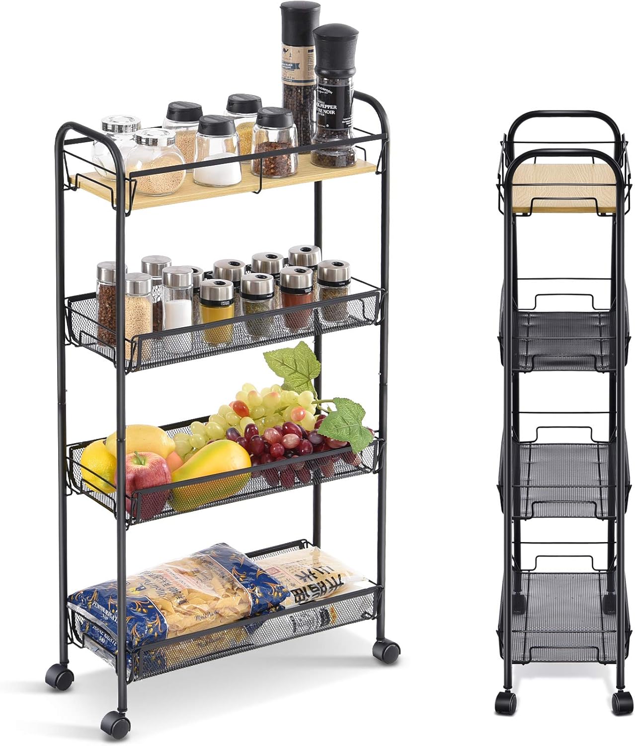 KINGRACK 4-Tier Slim Rolling Cart with Wooden Tabletop, Easy Assemble Metal Utility Cart, Slide Out Narrow Storage Cart for Narrow Space on Bedroom Bathroom Laundry Room Apartments Dormitory, Pink