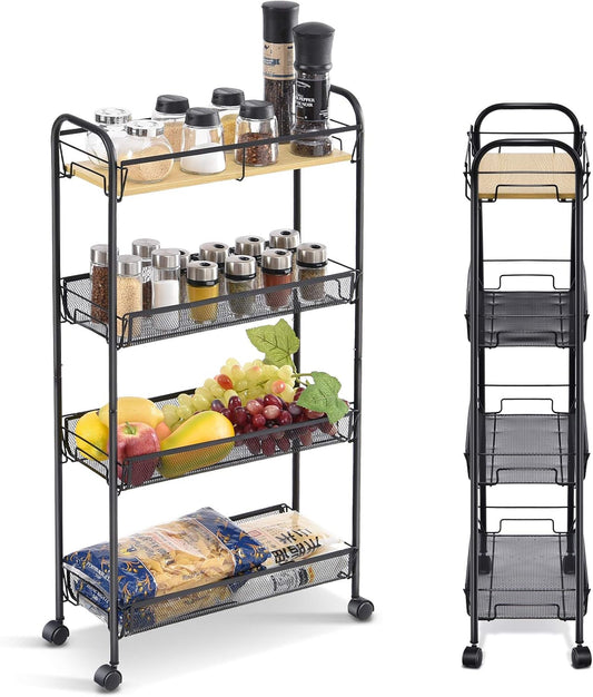 KINGRACK 4-Tier Slim Rolling Cart with Wooden Tabletop, Easy Assemble Metal Utility Cart, Slide Out Narrow Storage Cart for Narrow Space on Bedroom Bathroom Laundry Room Apartments Dormitory, Pink