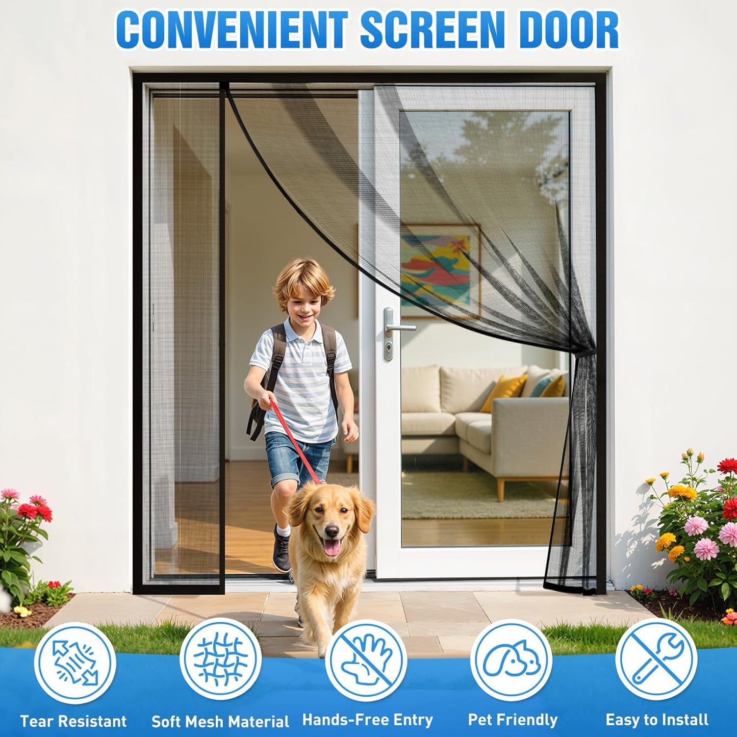 TasticTotes Magnetic Screen Door Mesh - Reversible Left & Right Opening with Magnetic Closure, Keep Buzz Out, Enjoy Fresh Air, Hands Free for Families & Pets (34" x 81", Fit Door Size 32" x 80")