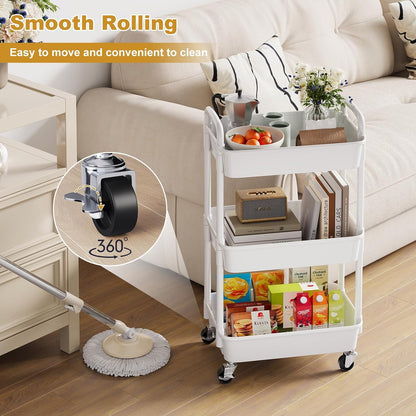 3 Tier Rolling Cart with Wheels, White Plastic Three Tiered Roller Shelf Cart on Lockable Wheels, Small Utility Storage Organzier Carts for Craft, Art, Baby Diaper Caddy, Snack, Dorm, Kitchen,Bathroom