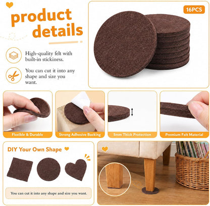 16 Pcs 2-1/2”/63mm Felt Furniture Pads for Hardwood Floors, Brown Round Self Adhesive Furniture Pads, 5mm Thick Anti Scratch Floor Protectors for Chair Legs Furnitures Feet