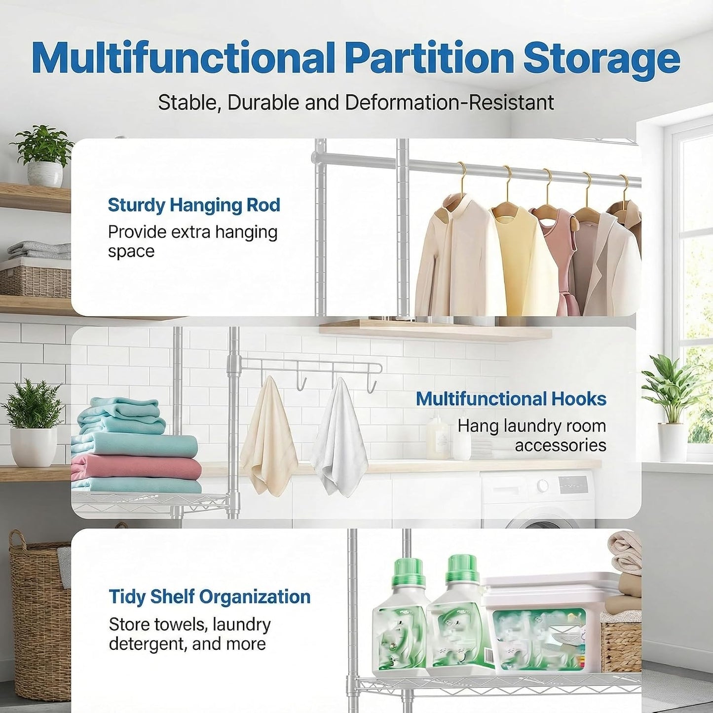 Over the Washer and Dryer Storage Shelf, 6-Tier Laundry Room Organizer with Hanging Rod & Hooks, Adjustable Heavy Duty Carbon Steel Space Saver Rack, Fits Most Washers and Dryers, Black (White)