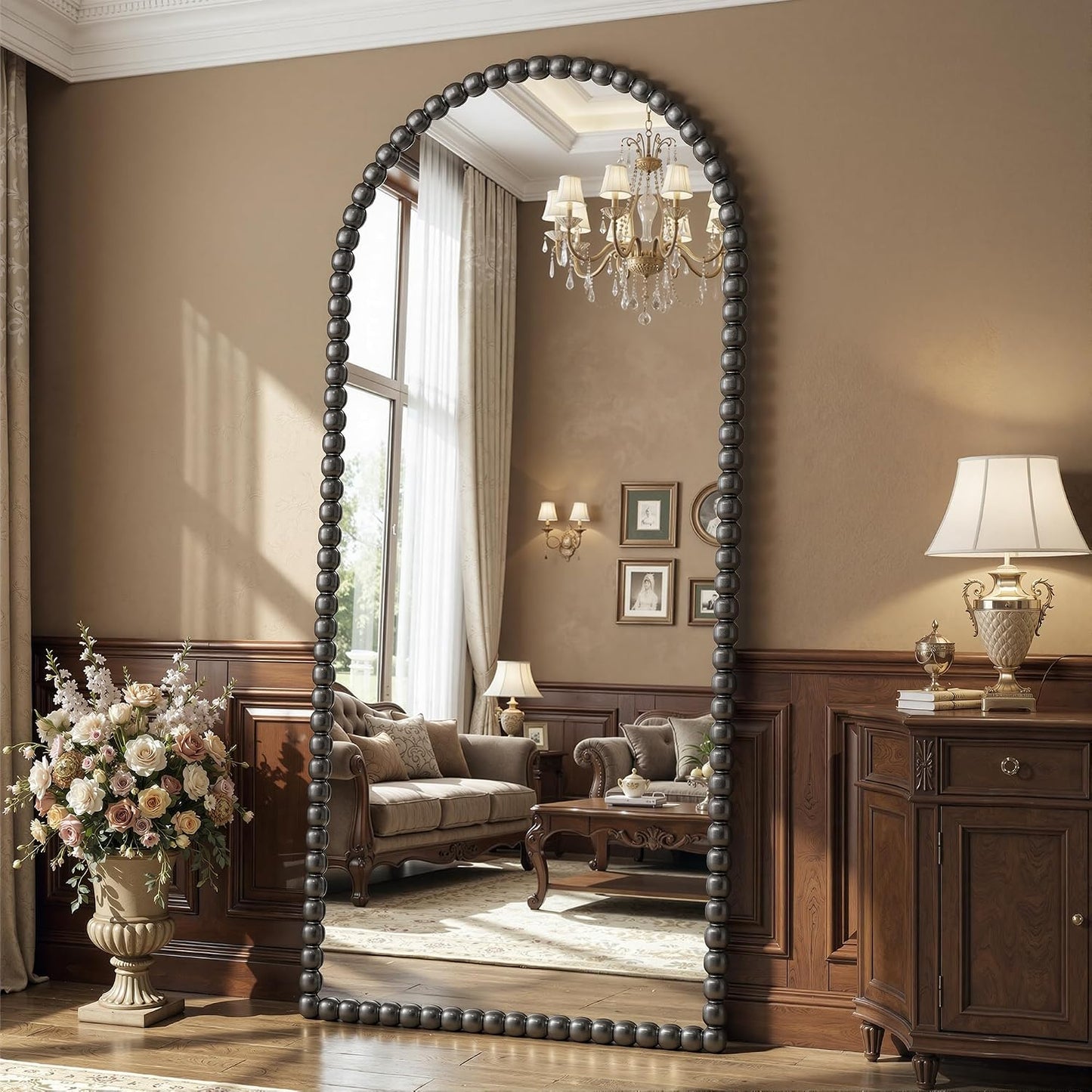 Antok 58" x 21" Arched Full Length Mirror, Antique Beaded Frame Floor Standing or Wall Mounted Mirror with Stand for Bedroom, Entryway, Brown, Luxury Style
