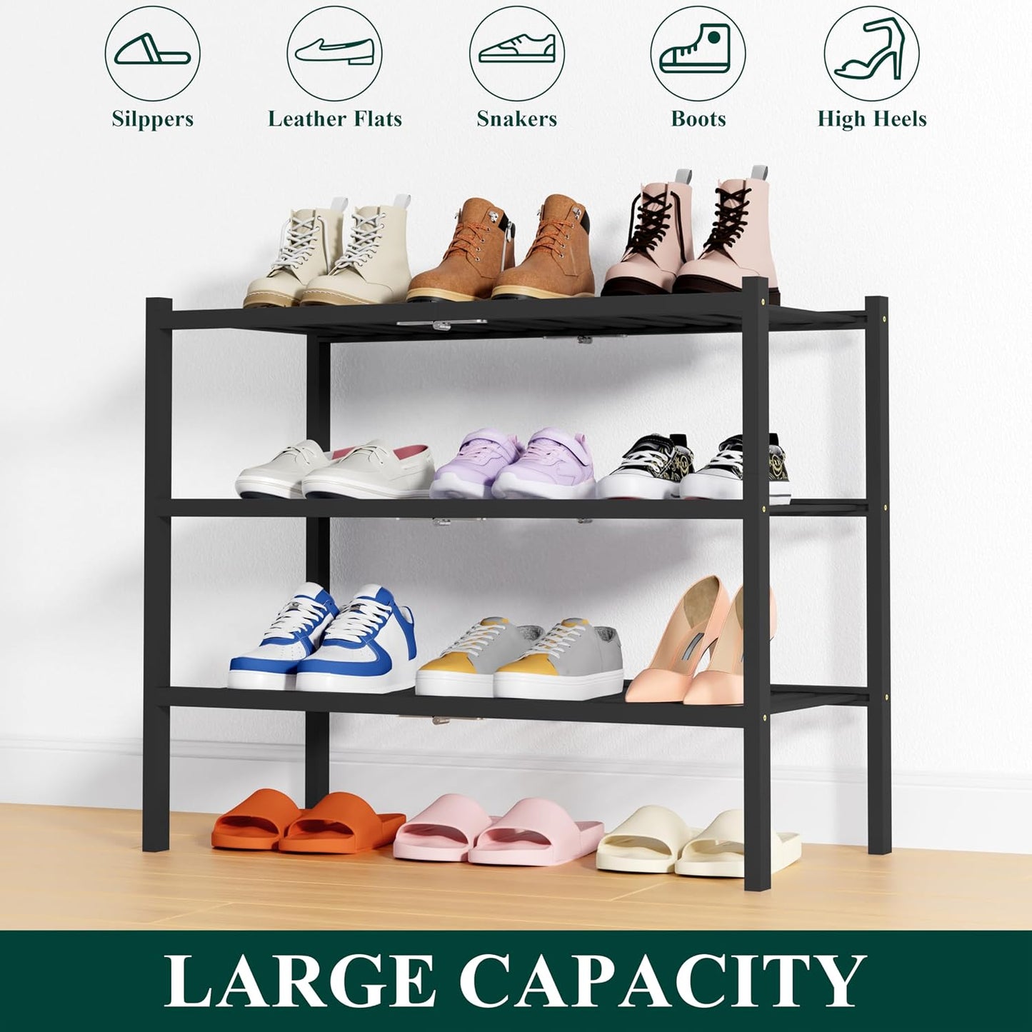 Smiry Bamboo Shoe Rack, 3 Tier Free Standing Wooden Shoe Organizer, Stackable Wood Shoe Storage Shelf for Closet, Entryway, 12 Vertical Slats, 2+1 Stack Standard Legs, 26.8"x11"x19.5", Natural