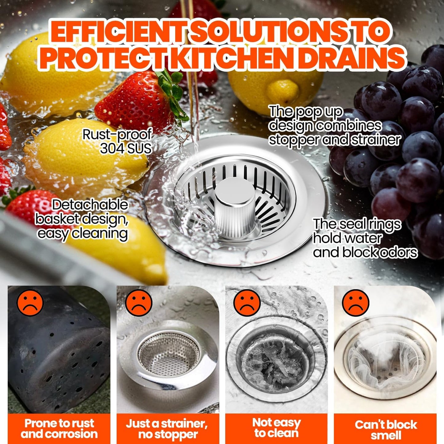 2 Pack Sink Drain Strainer - Sink Stopper, 3 in 1 Stainless Steel Kitchen Drain Plug with Deep Anti-Clog Basket and Odor-Blocking Seal, Pop-Up Design Fits Standard 3-1/2 Inch Sink