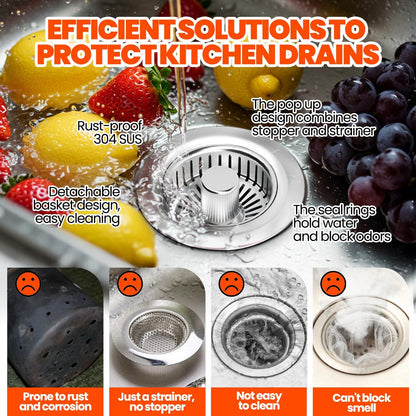 2 Pack Sink Drain Strainer - Sink Stopper, 3 in 1 Stainless Steel Kitchen Drain Plug with Deep Anti-Clog Basket and Odor-Blocking Seal, Pop-Up Design Fits Standard 3-1/2 Inch Sink