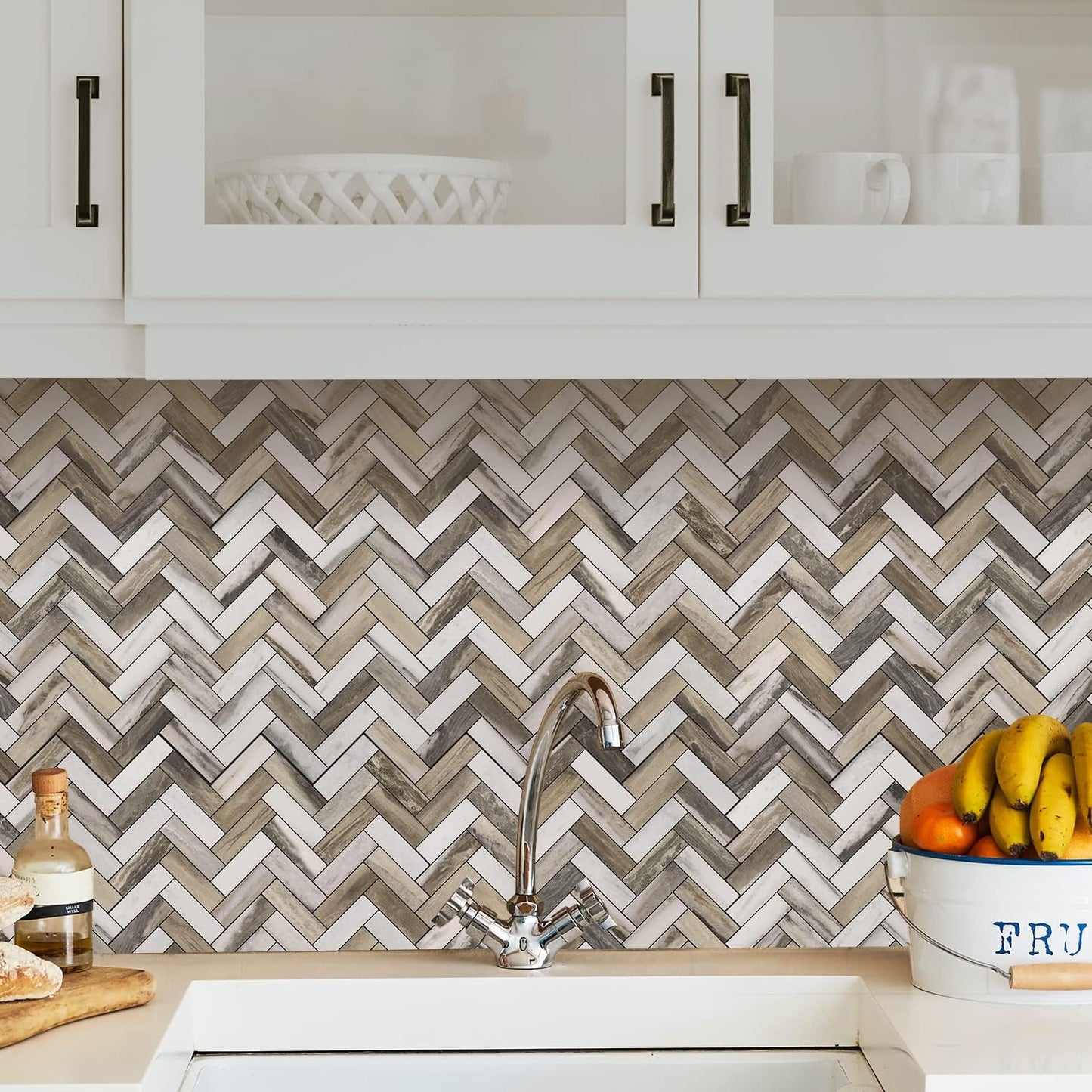 STICKGOO 10 Sheets Herringbone Peel and Stick Backsplash, Stick on Aluminum Composite PVC Kitchen Backsplash, Marble White Mixed Light Grey Look Self Adhesive Wall Tiles