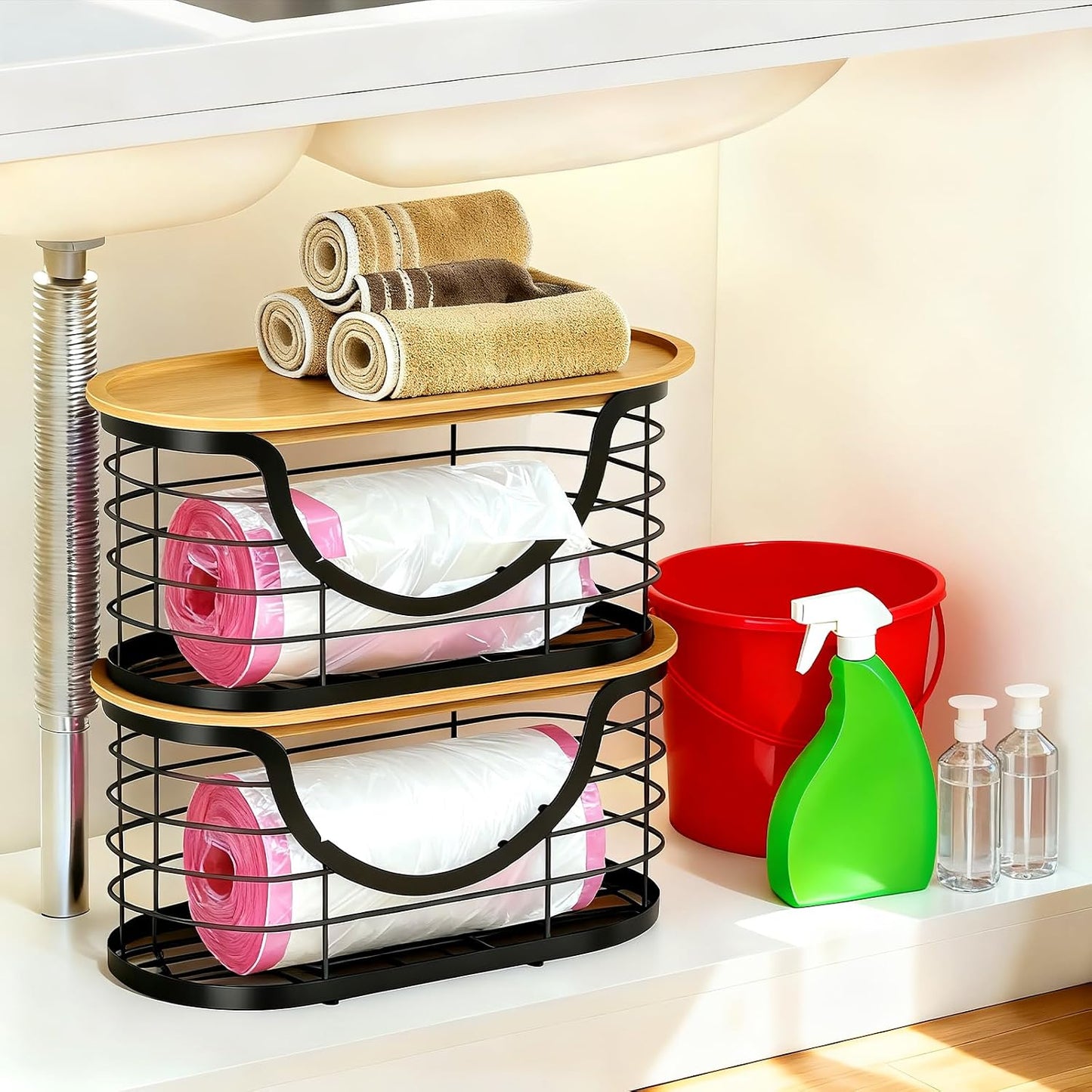 Haotao 2 Pack Trash Bag Holder，Stackable Trashbag Dispenser With Bamboo Lid，Wall Mount Garbage Bag Dispenser Organizer for Kitchen Laundry Room Under Sink
