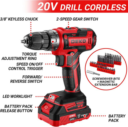 Cordless Drill Tool Kit Set: 20V Power Drill Tool Box with Battery Electric Drill Driver for Men Home Hand Repair Basic Toolbox Tools Sets Drills Case