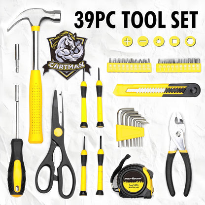 CARTMAN 39-Piece Household Tool Set, Orange Hand Kit With Storage Case | Complete assortment for home repairs, DIY projects, furniture setup, crafting, and daily household fixes in toolbox.
