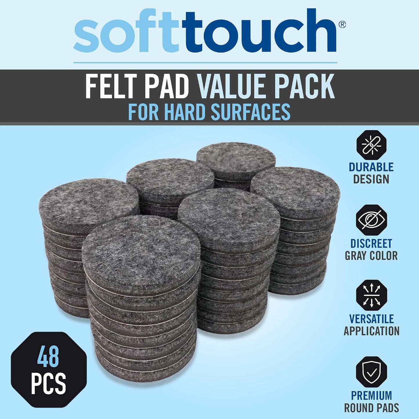 SoftTouch 1.5" Round Reusable Felt Furniture Sliders for Hard Surfaces, Noise-Reducing Adhesive Moving and Protective Pads for Cabinets, Chairs, Tables & Decorative Items Set of 48, Brown