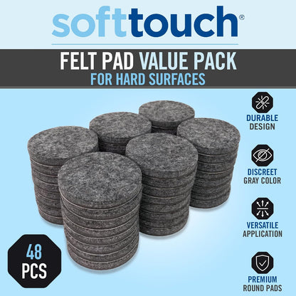 SoftTouch 1.5" Round Reusable Felt Furniture Sliders for Hard Surfaces, Noise-Reducing Adhesive Moving and Protective Pads for Cabinets, Chairs, Tables & Decorative Items Set of 48, Brown