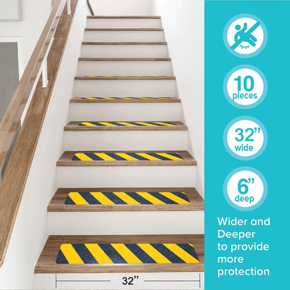 LifeGrip Anti Slip Traction Treads 10 Pack, 6"x32" with Glow in Dark Stripe, Best Grip Tape Grit Non Slip, Outdoor Non Skid Tape, High Traction Friction Abrasive Adhesive for Stairs Step