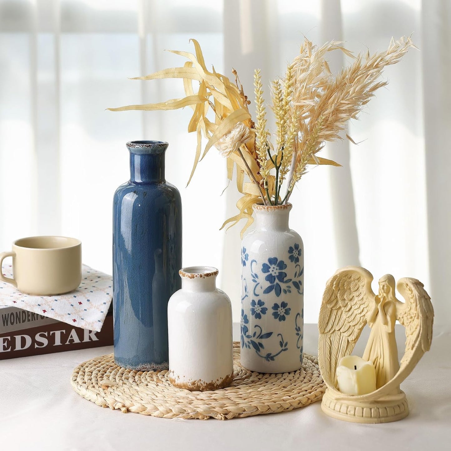 CUCUMI Ceramic Vase Set of 5, Home Decor Farmhouse Décor Handmade Pottery Vases for Pampas Grass, Dried Fresh Flowers, Table, Living Room, Kitchen, Shelf, Entryway Mantel Neutral Tones