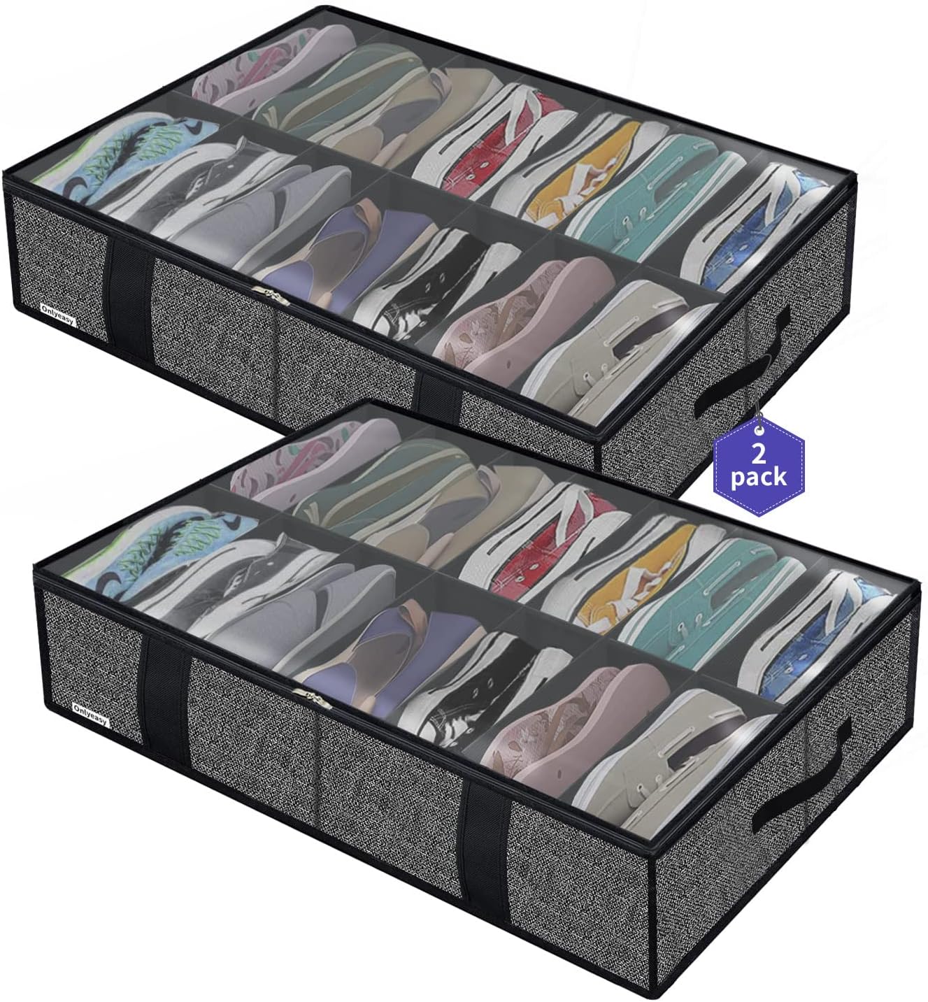 Onlyeasy Sturdy Under Bed Shoe Storage Organizer, Set of 2, Fit 12 to 24 Pairs, Underbed Shoes Closet Storage Solution with Clear Window, Breathable, L29.3 x W23.6 x H5.9, Linen-like Black, MXAUBSB2P