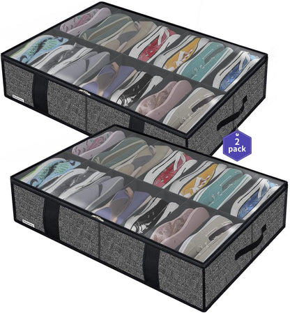 Onlyeasy Sturdy Under Bed Shoe Storage Organizer, Set of 2, Fit 12 to 24 Pairs, Underbed Shoes Closet Storage Solution with Clear Window, Breathable, L29.3 x W23.6 x H5.9, Linen-like Black, MXAUBSB2P