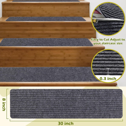 Stair Treads Non-Slip 16 Pack 8"x30" - Carpet Stair Runner for Indoor Wooden Steps with TPE Backing & Anti-Skid Surface, Reusable Adhesive Safety Rug for Kids/Elder/Pet-Friendly - Brown