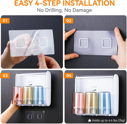 Toothbrush Holder Wall Mounted with Automatic Toothpaste Dispenser, Dustproof Flip Cover and Inverted Cup Slots, Multi-Functional No-Drill Bathroom Organizer for Family, Space Saver (3 Cups)