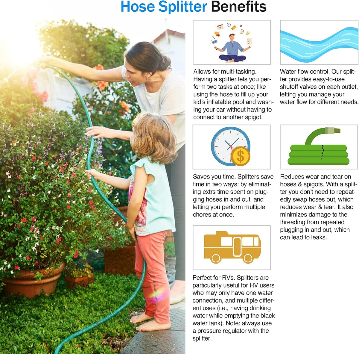 Renator Garden Hose Splitter, 2 Way Heavy Duty Brass Water Hose Splitter Lead-free Compliant, Faucet Spigot Y Splitter for outdoor use Double Valve Adapter Plus 2 Rubber Washers & Tape