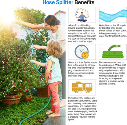 Renator Garden Hose Splitter, 2 Way Heavy Duty Brass Water Hose Splitter Lead-free Compliant, Faucet Spigot Y Splitter for outdoor use Double Valve Adapter Plus 2 Rubber Washers & Tape