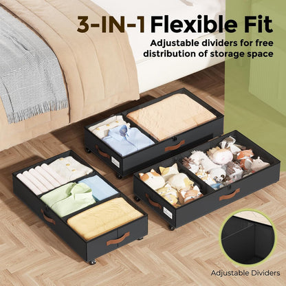LAMU Under Bed Storage with Wheels, 2 Pack Under Bed Storage Containers with Clear Lids & Label, Rolling Under Bed Drawers for Clothes, Shoes, Blankets, Black
