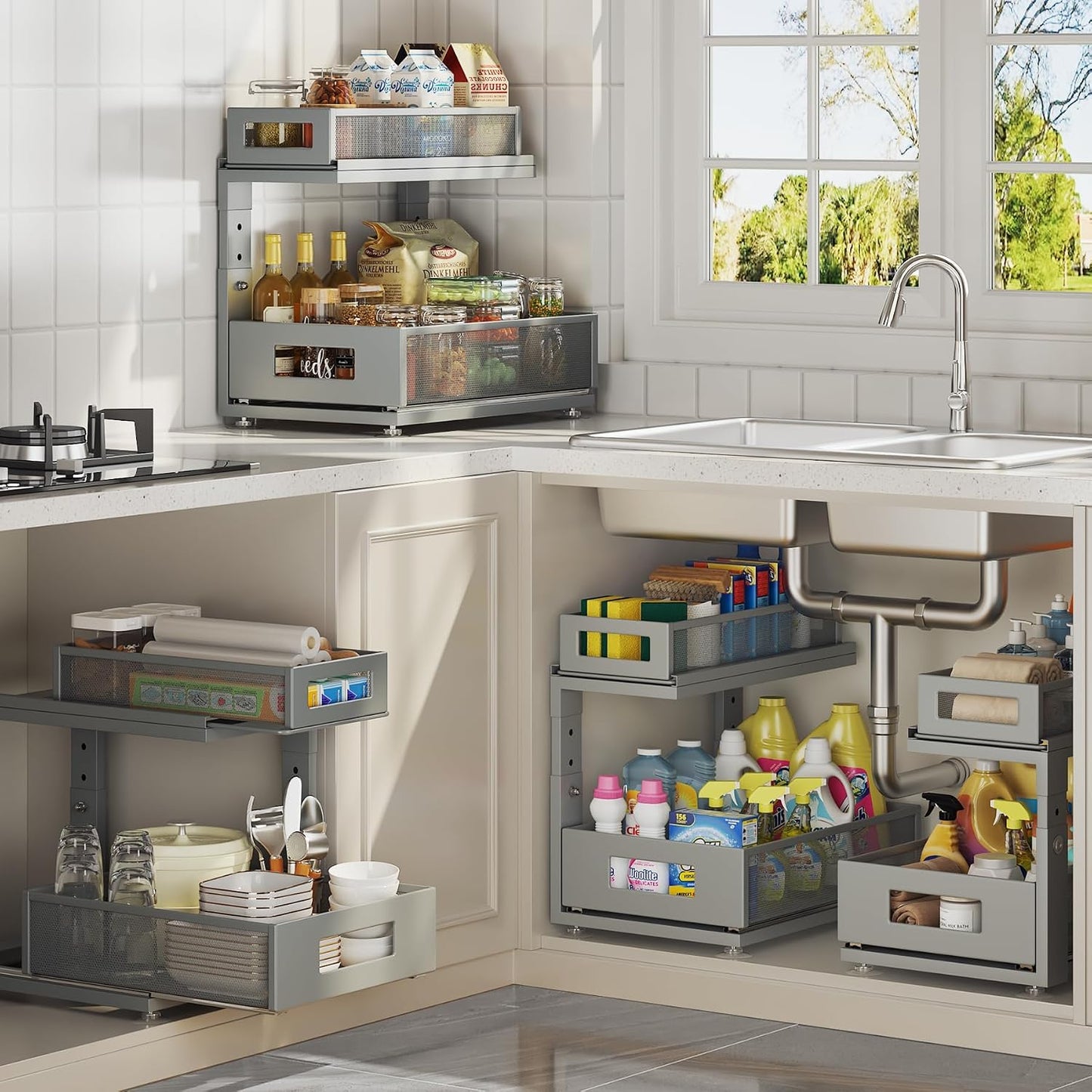 2 Pack Under Sink Organizer with Next-Gen Ball-Bearing Slides,2-Tier Pull Out Cabinet Storage,Height Adjustable Drawer Shelf for Bathroom,Kitchen,Laundry,Cabinet,Pantry(Patent Pending)