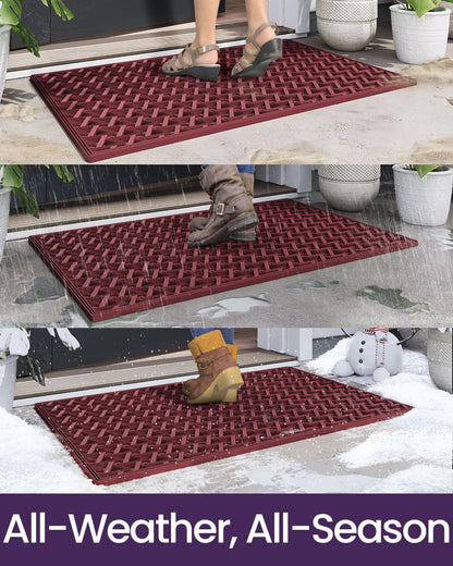 DEXI Front Door Mat Outside Entrance Rubber 19x30, Welcome Floor Doormat Heavy Duty Non Slip, Dirt Trapper Waterproof Exterior Entry Mats All Weather for Patio Entryway Drainage, Black