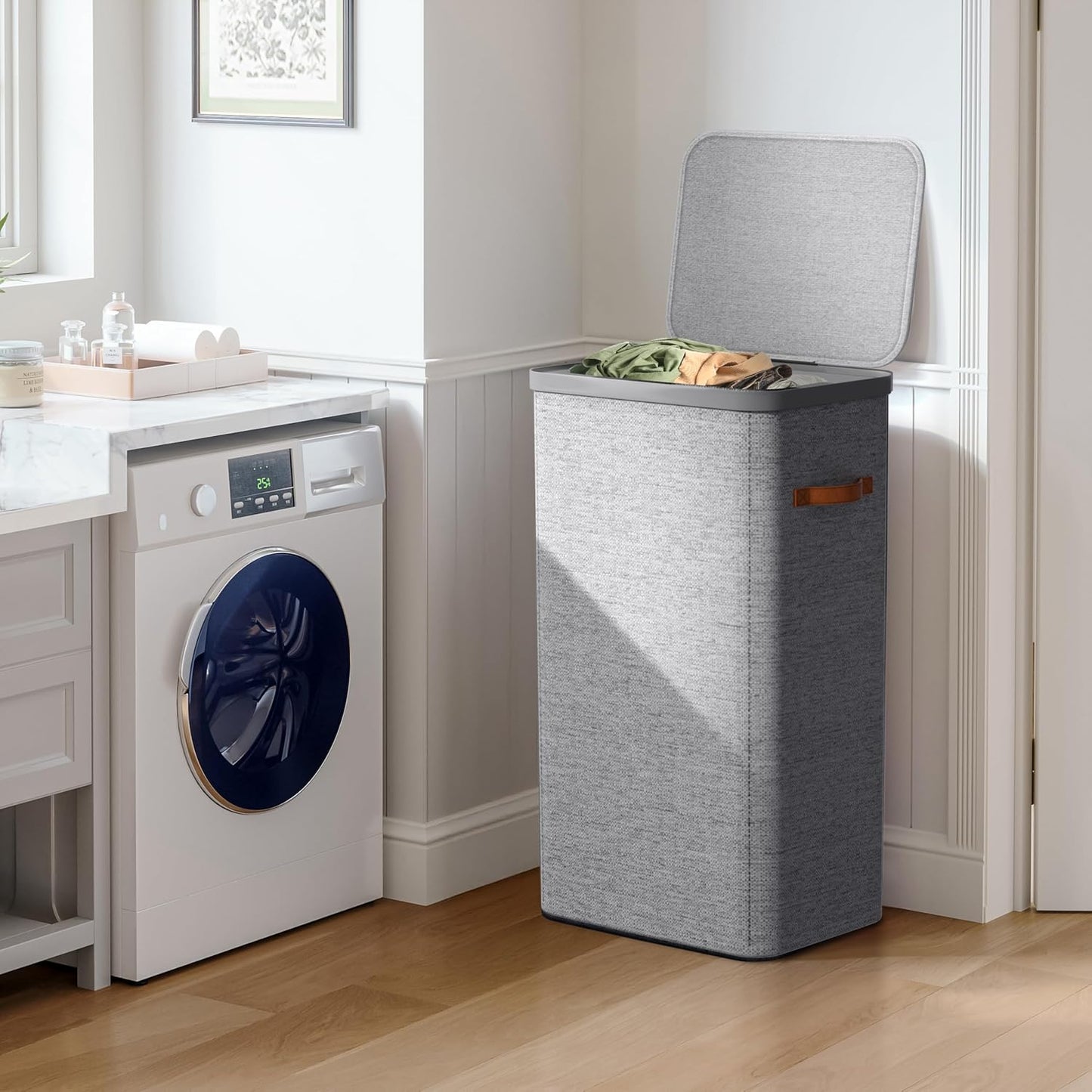 Sorbus Laundry Hamper with Lid - Collapsible 3-Compartment Fabric Laundry Basket with Handles and Removable Laundry Bag – 50 Gallon (190 L) Dirty Clothes Hamper for Bedroom, bathroom and dorm (Beige)