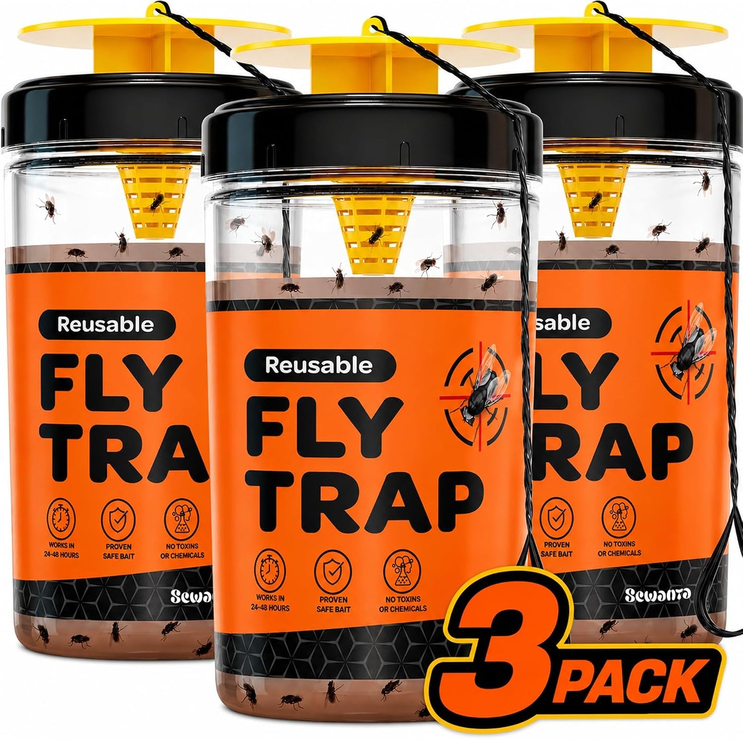 Fly Traps Outdoor [Set of 2] with Dissolvable Non-Toxic Bait - Reusable Hanging Bug Catcher Killer for All Flies for Outside Bug Control Patios, Barns, Ranches Etc. Hanging Fly Traps with Tie Included