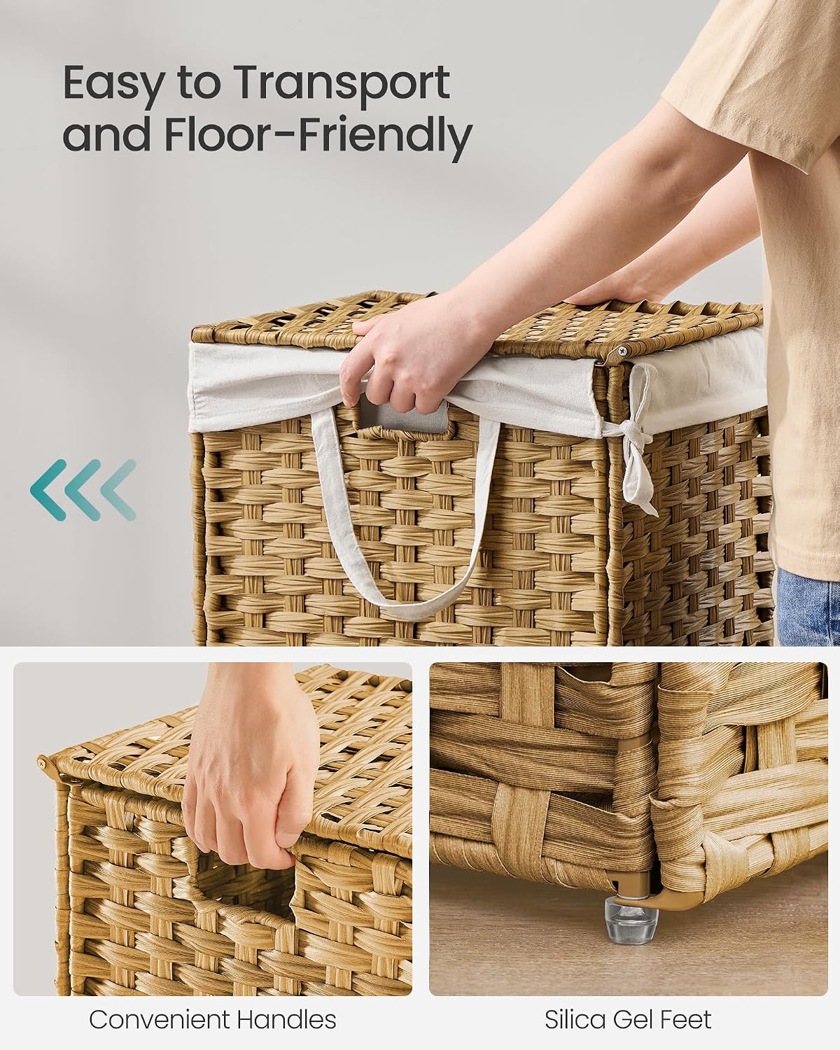 SONGMICS Laundry Hamper with Lid, 23.8 Gallon (90 L) Synthetic Rattan Clothes Laundry Basket with Lid and Handles, Foldable, Removable Liner, Chestnut Brown ULCB051K02