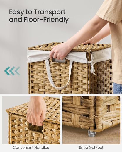 SONGMICS Laundry Hamper with Lid, 23.8 Gallon (90 L) Synthetic Rattan Clothes Laundry Basket with Lid and Handles, Foldable, Removable Liner, Chestnut Brown ULCB051K02