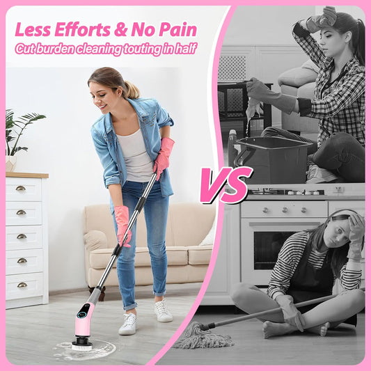 Dovety Electric Spin Scrubber, Cordless Cleaning Brush, Shower Scrubber with 8 Replaceable Brush Head, Power Cleaning Brush with Extension Handle, 2 Adjustable Speed, for Bathtub Tile Floor (Pink)